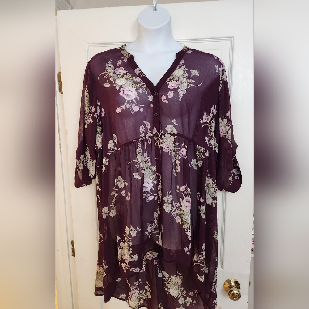 Torrid Floral Chiffon High-Low Button Down Tunic